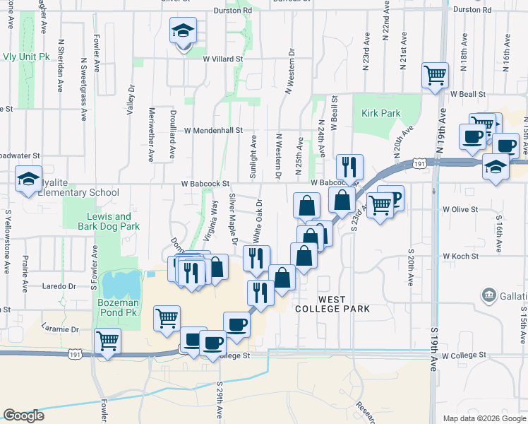 map of restaurants, bars, coffee shops, grocery stores, and more near 2800 West Babcock Street in Bozeman