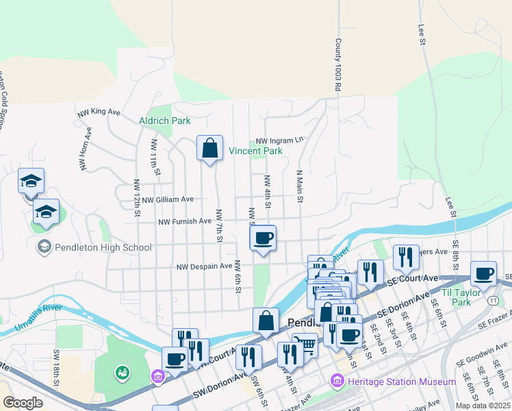 map of restaurants, bars, coffee shops, grocery stores, and more near 423 Northwest 5th Street in Pendleton