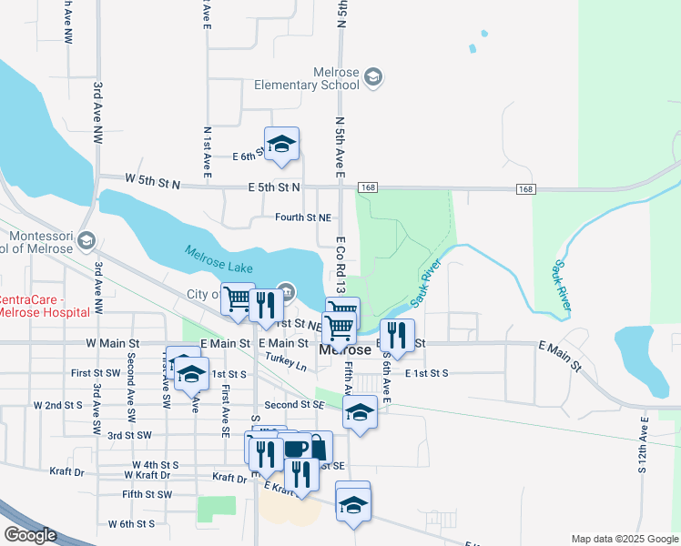 map of restaurants, bars, coffee shops, grocery stores, and more near 203 North 5th Avenue East in Melrose