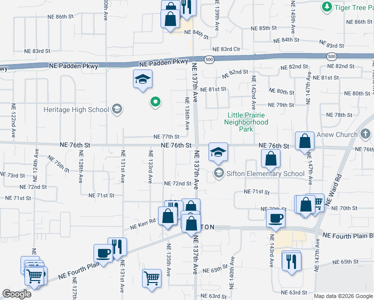 map of restaurants, bars, coffee shops, grocery stores, and more near 7401 Northeast 136th Avenue in Vancouver