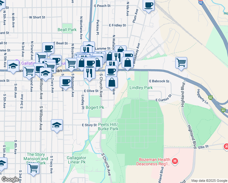 map of restaurants, bars, coffee shops, grocery stores, and more near 215 South Wallace Avenue in Bozeman