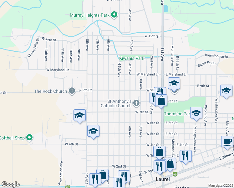 map of restaurants, bars, coffee shops, grocery stores, and more near 814 North 5th Avenue in Laurel