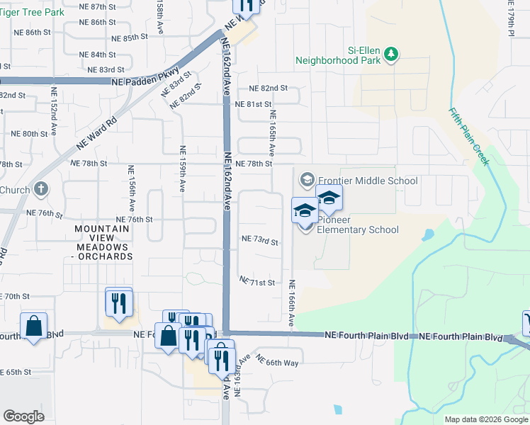 map of restaurants, bars, coffee shops, grocery stores, and more near 16401 Northeast 75th Circle in Vancouver