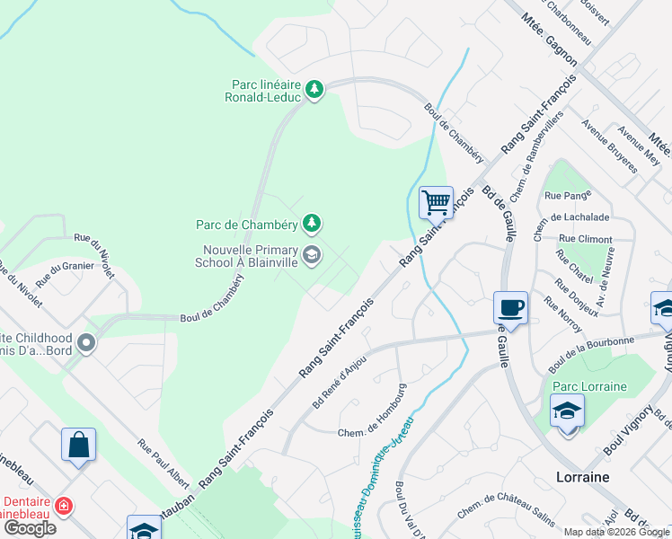 map of restaurants, bars, coffee shops, grocery stores, and more near 79 Rue du Bourget in Blainville