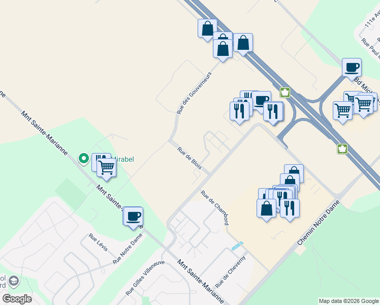 map of restaurants, bars, coffee shops, grocery stores, and more near 12025 Rue de Blois in Mirabel