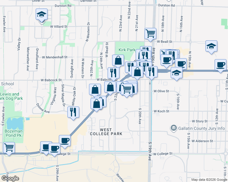 map of restaurants, bars, coffee shops, grocery stores, and more near 2301 West Main Street in Bozeman
