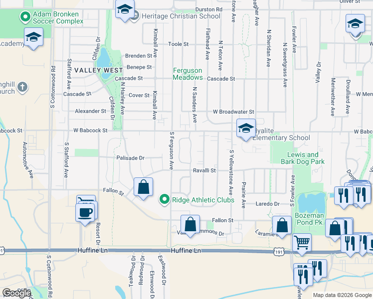 map of restaurants, bars, coffee shops, grocery stores, and more near 35 4050 West Babcock Street in Bozeman