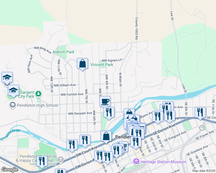 map of restaurants, bars, coffee shops, grocery stores, and more near 311 Northwest Gilliam Avenue in Pendleton