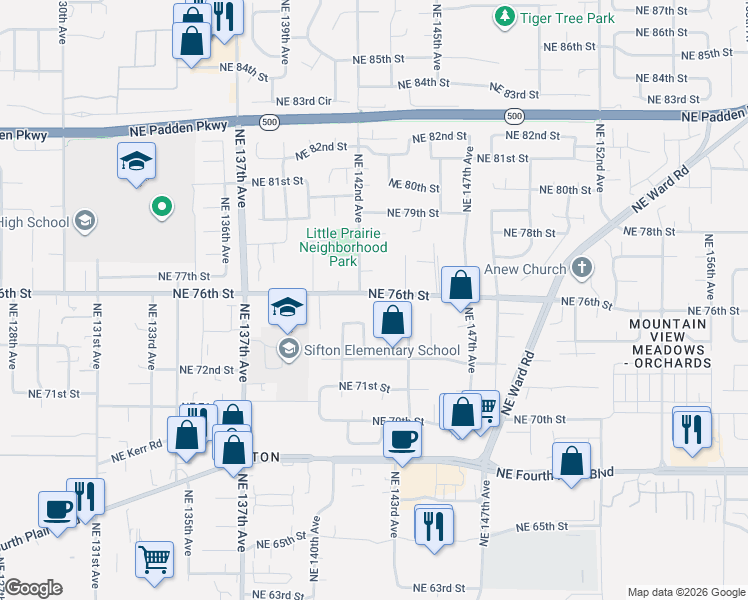 map of restaurants, bars, coffee shops, grocery stores, and more near 14213 Northeast 76th Street in Vancouver