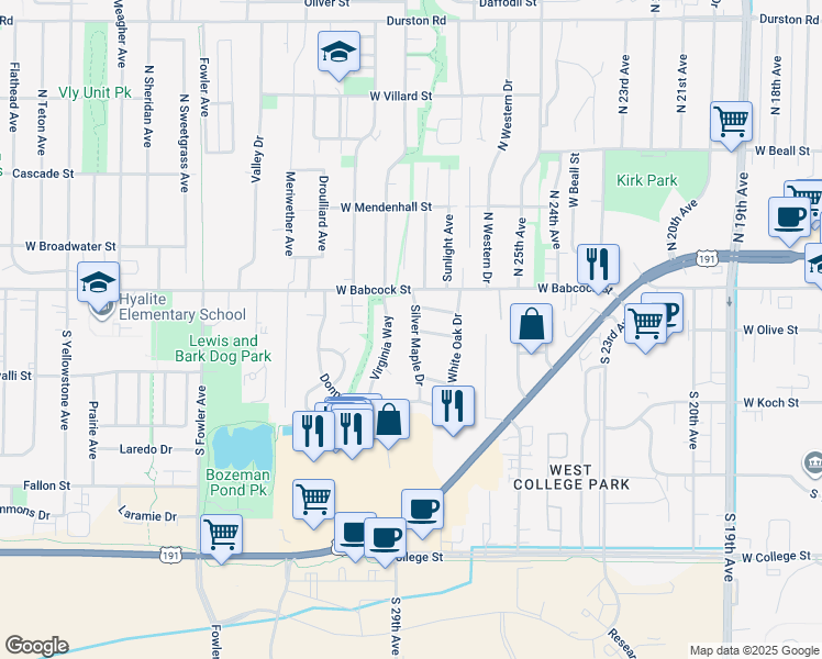 map of restaurants, bars, coffee shops, grocery stores, and more near 125 Silver Maple Drive in Bozeman