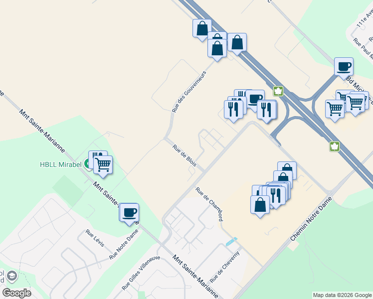 map of restaurants, bars, coffee shops, grocery stores, and more near 12025 Rue de Blois in Mirabel