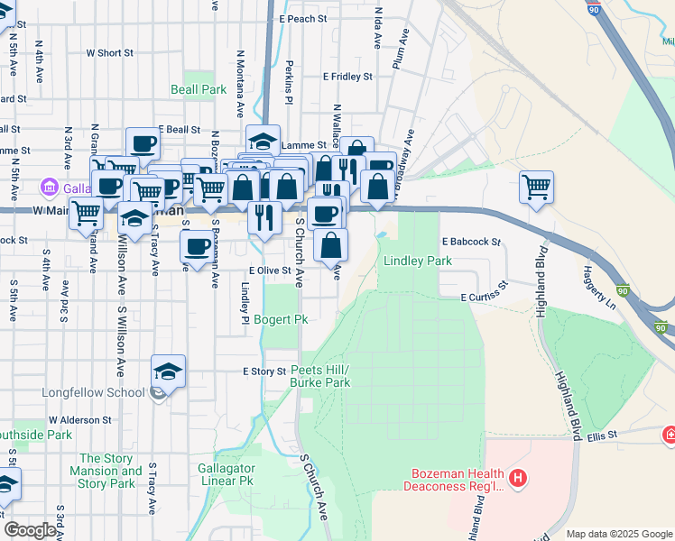 map of restaurants, bars, coffee shops, grocery stores, and more near 209 South Wallace Avenue in Bozeman