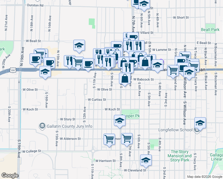map of restaurants, bars, coffee shops, grocery stores, and more near 199 South 9th Avenue in Bozeman