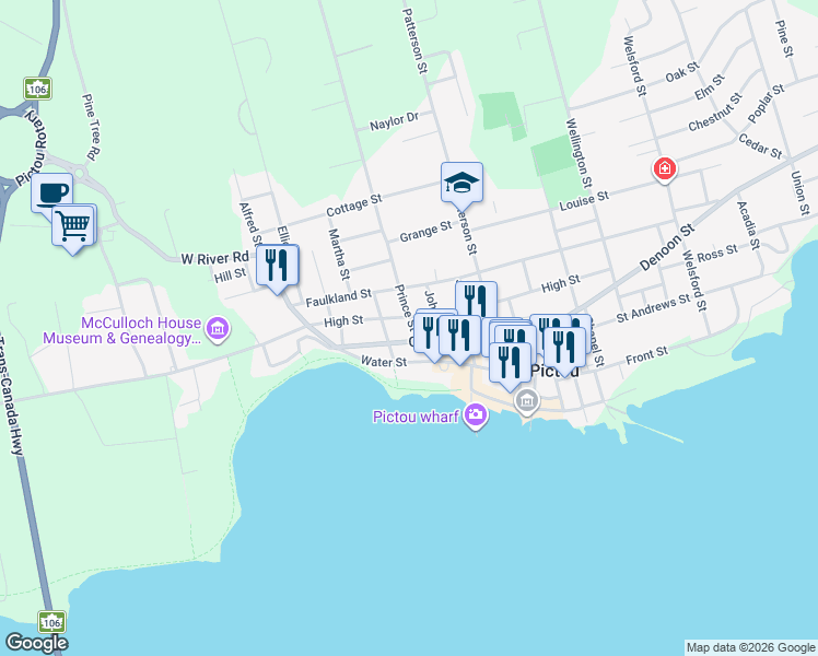 map of restaurants, bars, coffee shops, grocery stores, and more near 15 Prince Street in Pictou