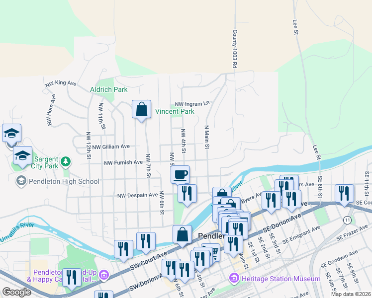 map of restaurants, bars, coffee shops, grocery stores, and more near 311 Northwest Gilliam Avenue in Pendleton