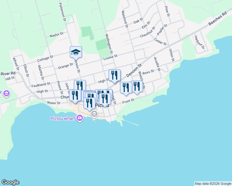 map of restaurants, bars, coffee shops, grocery stores, and more near 53 Saint Andrews Street in Pictou
