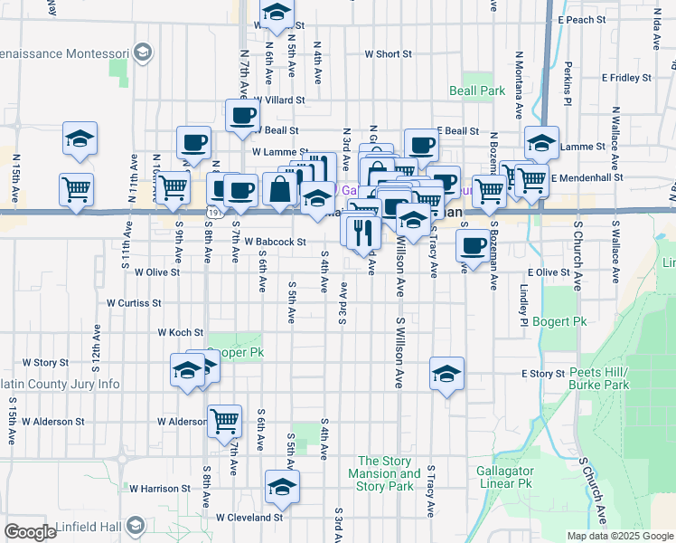 map of restaurants, bars, coffee shops, grocery stores, and more near 111 South Grand Avenue in Bozeman