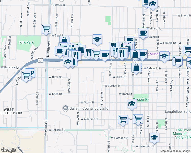 map of restaurants, bars, coffee shops, grocery stores, and more near 1232 West Babcock Street in Bozeman