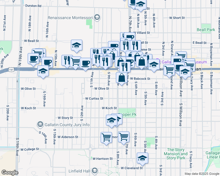 map of restaurants, bars, coffee shops, grocery stores, and more near 126 South 9th Avenue in Bozeman