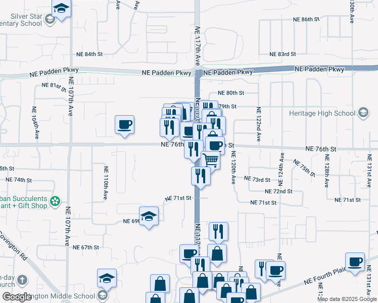 map of restaurants, bars, coffee shops, grocery stores, and more near 11609 Northeast 76th Street in Vancouver