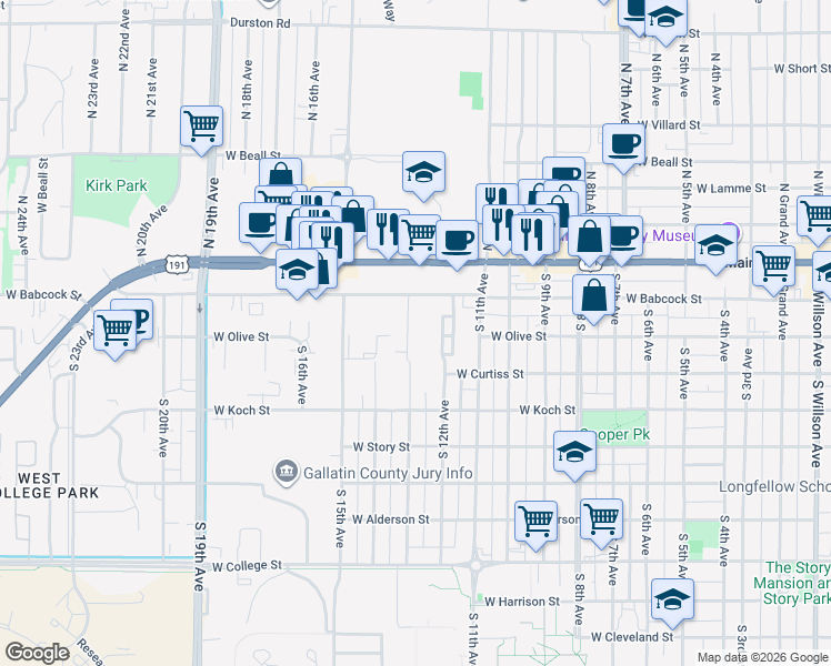 map of restaurants, bars, coffee shops, grocery stores, and more near 1232 West Babcock Street in Bozeman