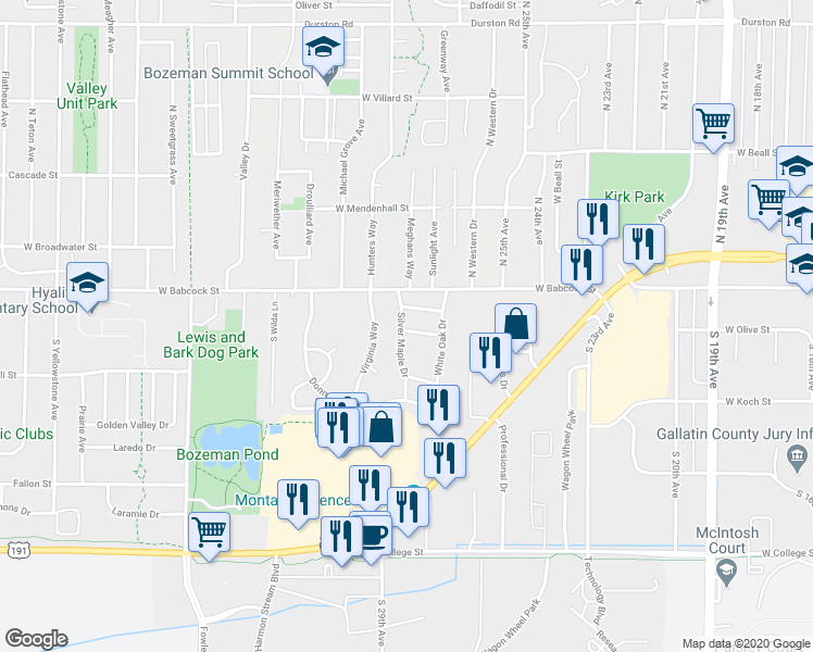 map of restaurants, bars, coffee shops, grocery stores, and more near 2745 Crab Tree Street in Bozeman