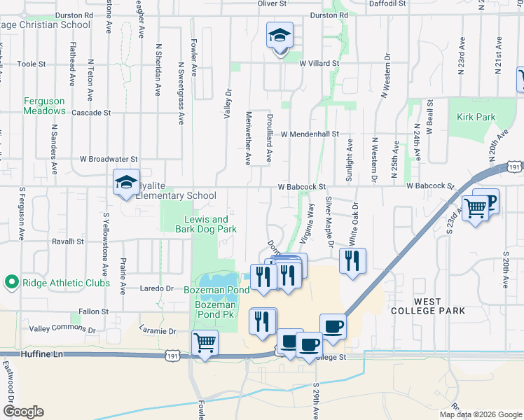 map of restaurants, bars, coffee shops, grocery stores, and more near 108 South Wilda Lane in Bozeman