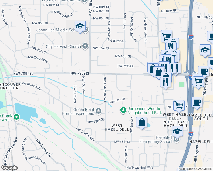 map of restaurants, bars, coffee shops, grocery stores, and more near 7710 Northwest Anderson Avenue in Vancouver
