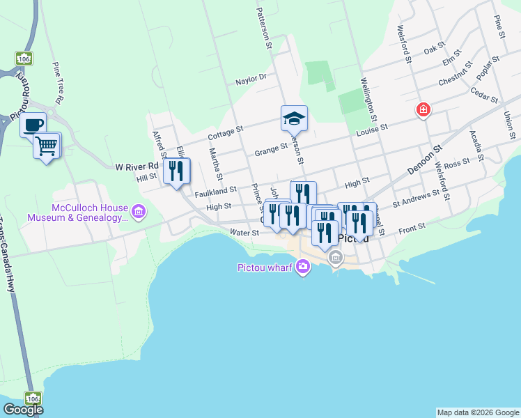 map of restaurants, bars, coffee shops, grocery stores, and more near 15 Prince Street in Pictou