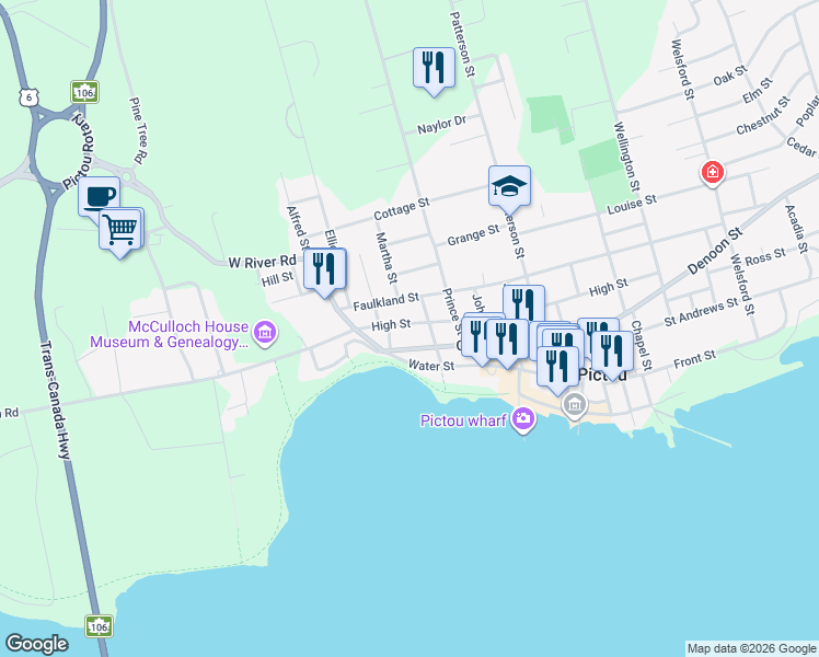 map of restaurants, bars, coffee shops, grocery stores, and more near 239 High Street in Pictou