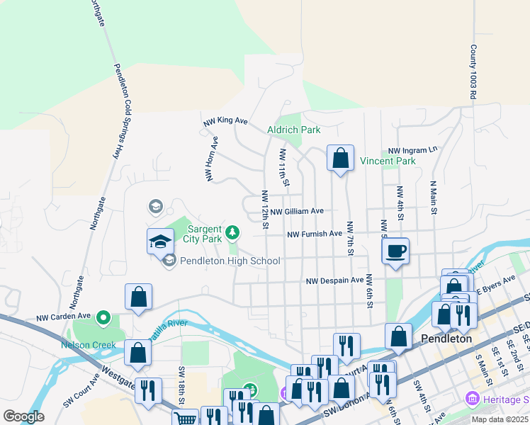 map of restaurants, bars, coffee shops, grocery stores, and more near 2175 Northwest Gilliam Avenue in Pendleton