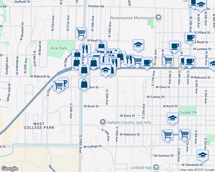 map of restaurants, bars, coffee shops, grocery stores, and more near 1601 West Olive Street in Bozeman