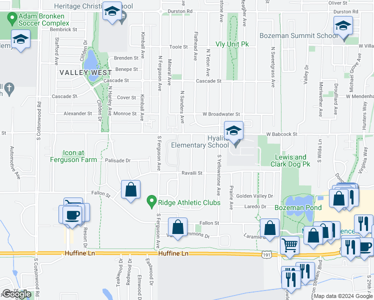 map of restaurants, bars, coffee shops, grocery stores, and more near 111 North Pondera Avenue in Bozeman