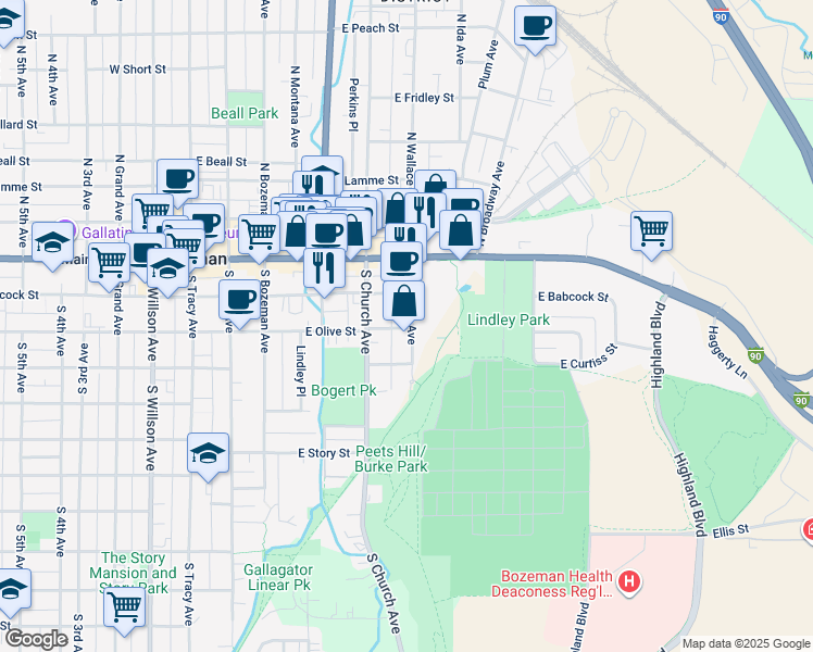 map of restaurants, bars, coffee shops, grocery stores, and more near 215 South Wallace Avenue in Bozeman