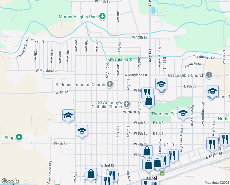 map of restaurants, bars, coffee shops, grocery stores, and more near 406 West 9th Street in Laurel