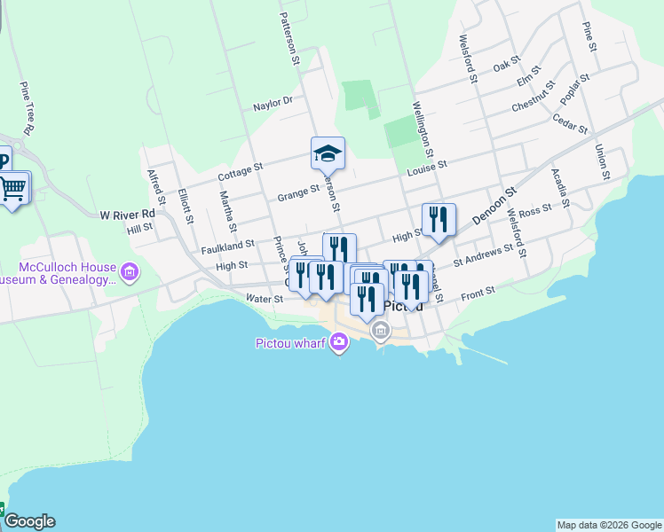 map of restaurants, bars, coffee shops, grocery stores, and more near 15 James Street in Pictou