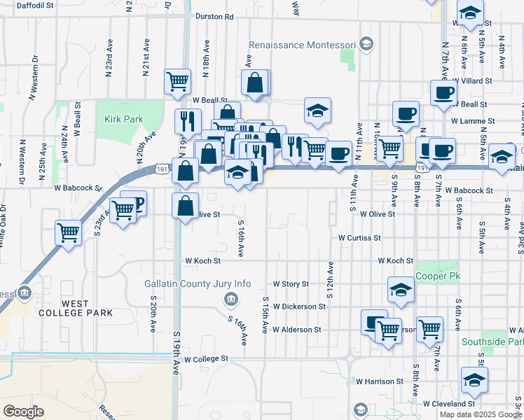 map of restaurants, bars, coffee shops, grocery stores, and more near 119 South 15th Avenue in Bozeman