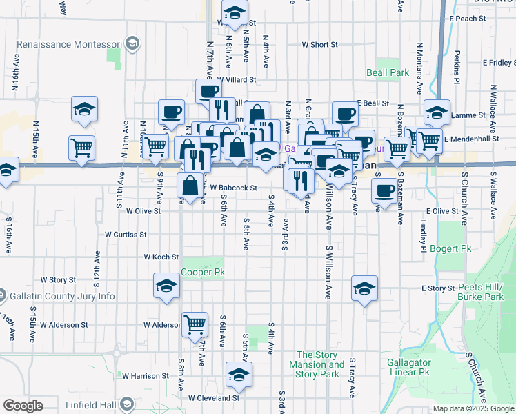 map of restaurants, bars, coffee shops, grocery stores, and more near 426 West Babcock Street in Bozeman