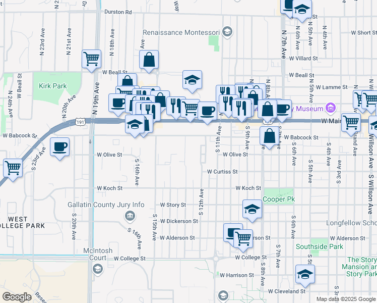 map of restaurants, bars, coffee shops, grocery stores, and more near 1232 West Babcock Street in Bozeman