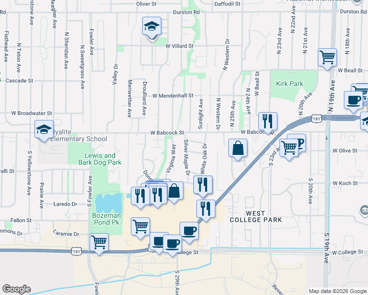 map of restaurants, bars, coffee shops, grocery stores, and more near 2745 Crab Tree Street in Bozeman