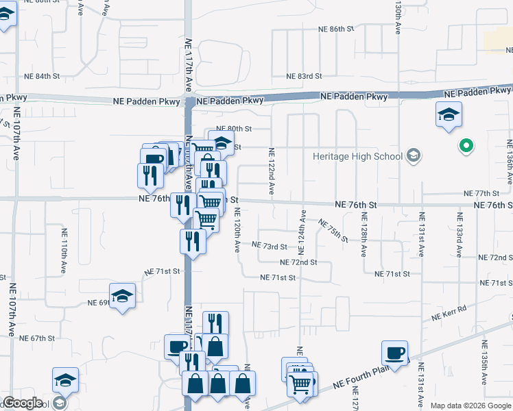 map of restaurants, bars, coffee shops, grocery stores, and more near 12100 Northeast 76th Street in Vancouver