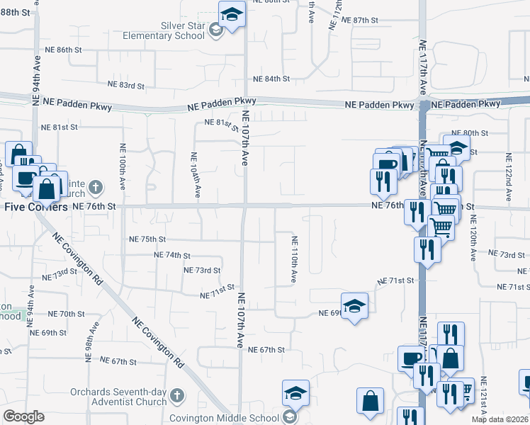 map of restaurants, bars, coffee shops, grocery stores, and more near 10714 Northeast 76th Street in Vancouver