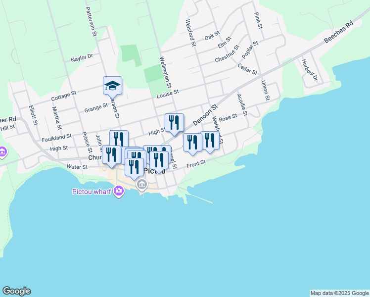 map of restaurants, bars, coffee shops, grocery stores, and more near 8 Wellington Street in Pictou