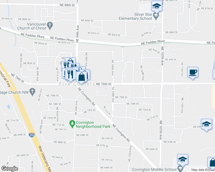 map of restaurants, bars, coffee shops, grocery stores, and more near 7603 Northeast 99th Avenue in Vancouver