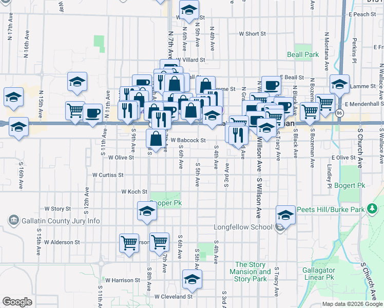 map of restaurants, bars, coffee shops, grocery stores, and more near 522 West Babcock Street in Bozeman