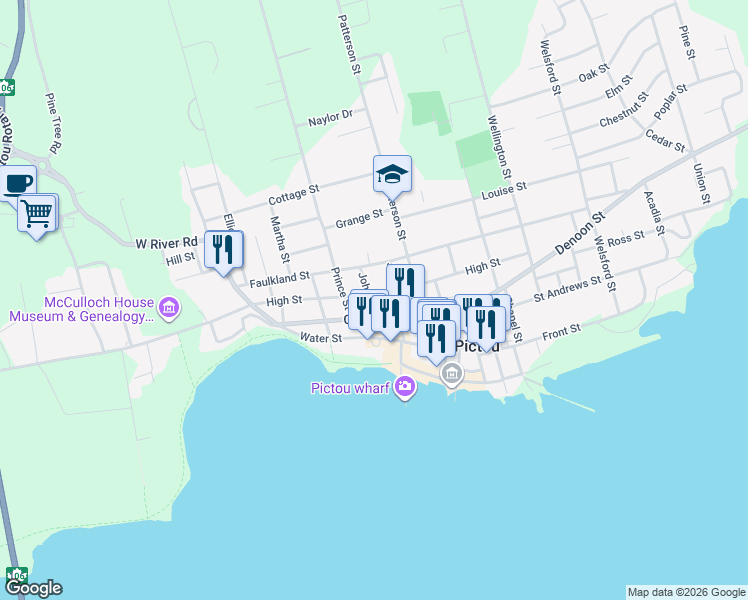 map of restaurants, bars, coffee shops, grocery stores, and more near 165 High Street in Pictou