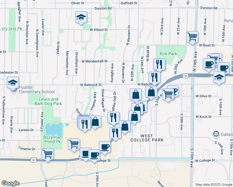 map of restaurants, bars, coffee shops, grocery stores, and more near 118 White Oak Drive in Bozeman