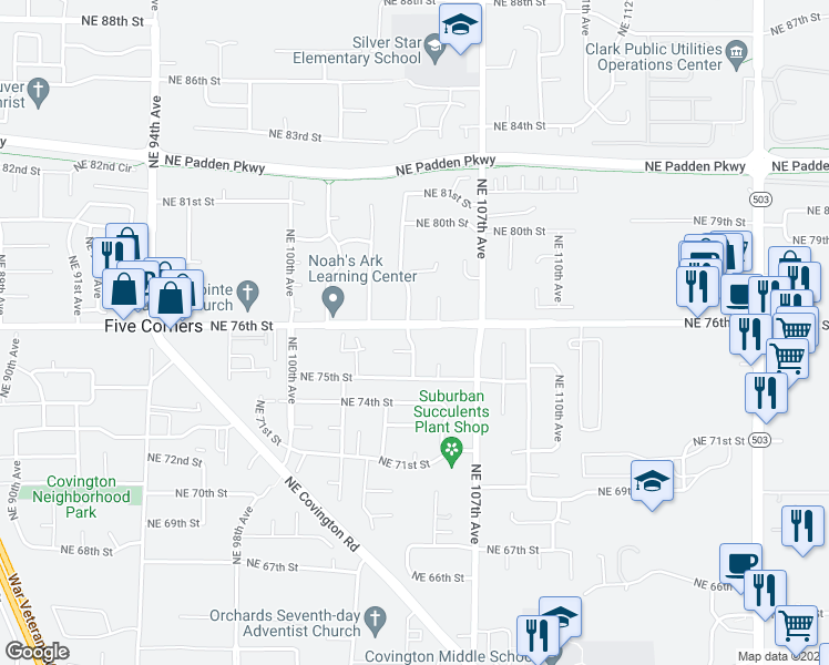 map of restaurants, bars, coffee shops, grocery stores, and more near 7525 Northeast 104th Avenue in Vancouver