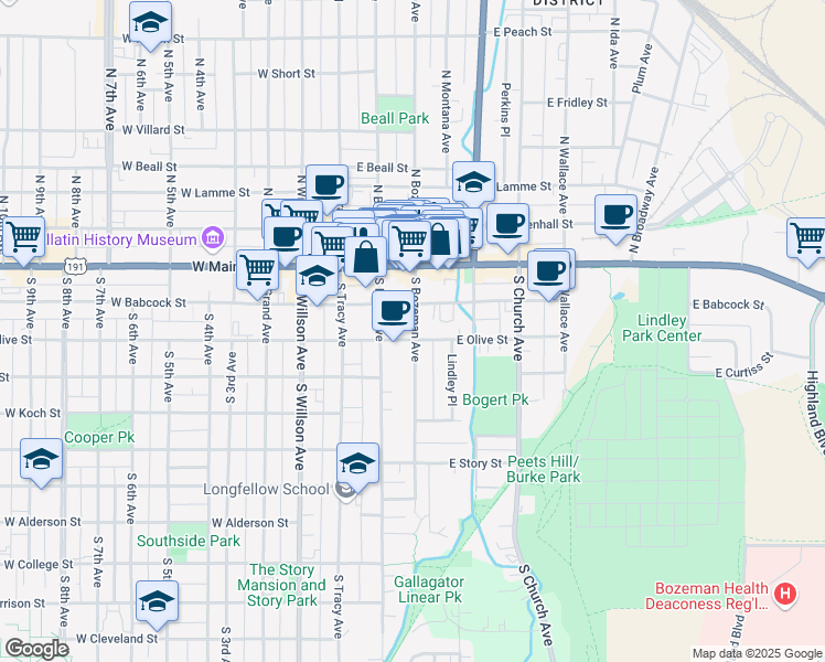map of restaurants, bars, coffee shops, grocery stores, and more near 117 South Bozeman Avenue in Bozeman