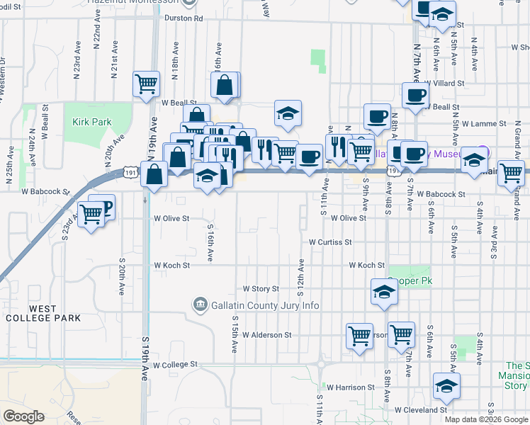 map of restaurants, bars, coffee shops, grocery stores, and more near 205 Pioneer Drive in Bozeman